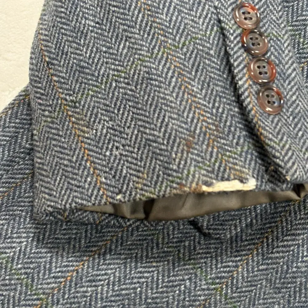 College Town Clothes Mens Wool Blazer Gray Herringbone Plaid Sport Coat Vintage
